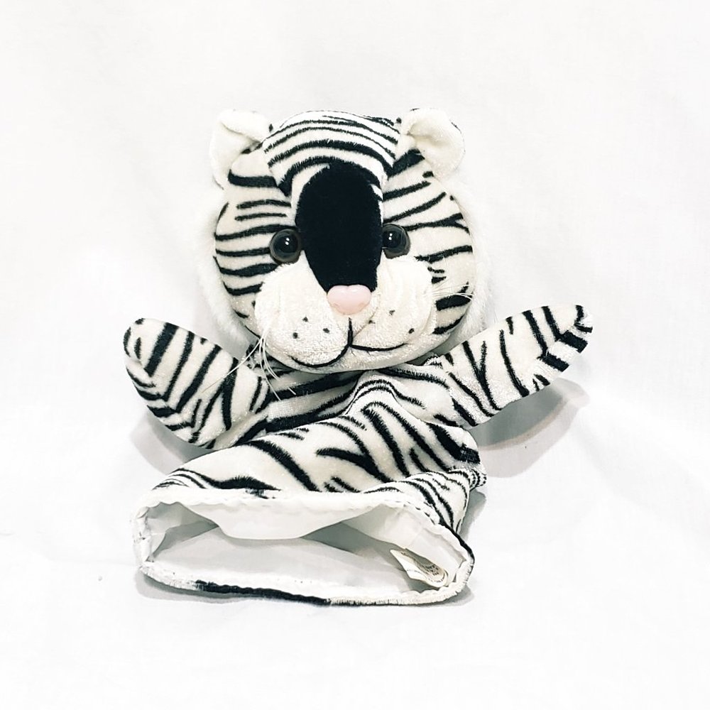 White Tiger Cat Soft Hand Puppet Storytime 9" Plush Blue Goffa International